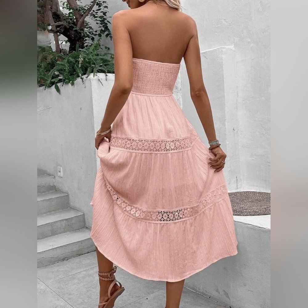 New Boho Embroidered Lace Strapless Tube Top Midi Dress Light Pink - Picture 3 of 7